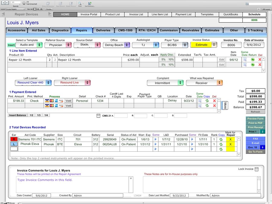 Repair Screen - Financial and Billing